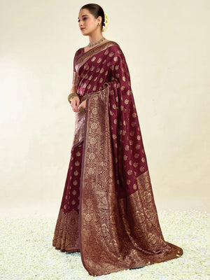 Rajwada Maroon Silk Blend Zari Work Saree For Women