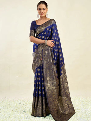 Rajwada Dark Blue Silk Blend Zari Work Saree For Women