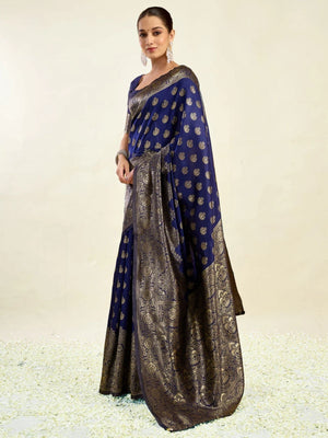 Rajwada Dark Blue Silk Blend Zari Work Saree For Women