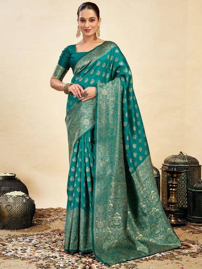 Rajwada Teal Green Silk Blend Zari Work Saree For Women