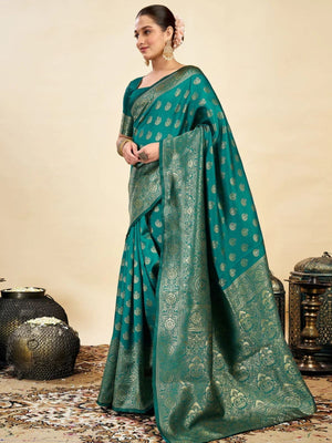 Rajwada Teal Green Silk Blend Zari Work Saree For Women
