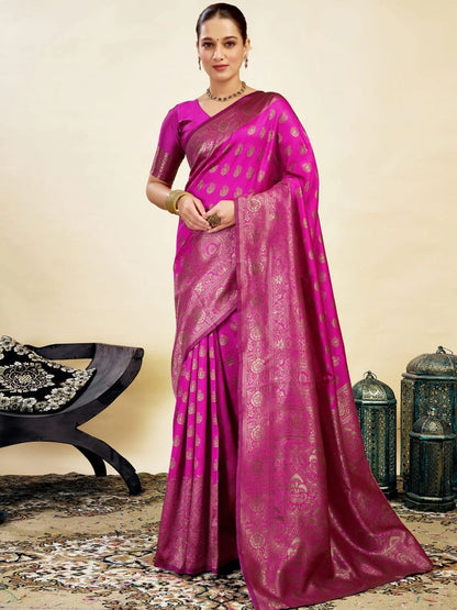 Rajwada Dark Pink Silk Blend Zari Work Saree For Women
