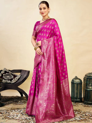 Rajwada Dark Pink Silk Blend Zari Work Saree For Women