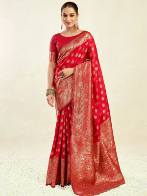 Rajwada Red Silk Blend Zari Work Saree For Women
