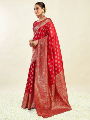 Rajwada Red Silk Blend Zari Work Saree For Women
