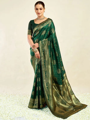 Rajwada Dark Green Silk Blend Zari Work Saree For Women