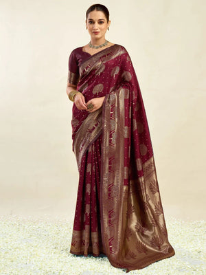 Rajwada Maroon Silk Blend Zari Work Saree For Women