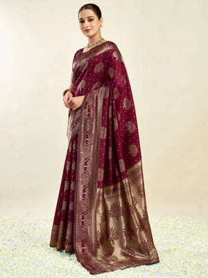 Rajwada Maroon Silk Blend Zari Work Saree For Women