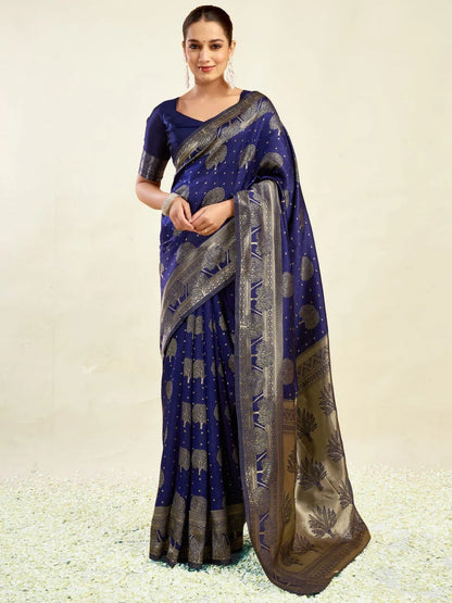 Rajwada Dark Blue Silk Blend Zari Work Saree For Women