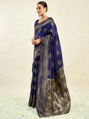 Rajwada Dark Blue Silk Blend Zari Work Saree For Women