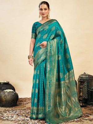 Rajwada Teal Green Silk Blend Zari Work Saree For Women