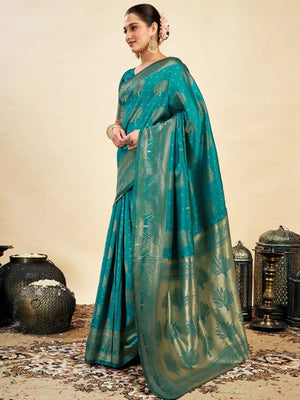 Rajwada Teal Green Silk Blend Zari Work Saree For Women