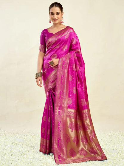 Rajwada Dark Pink Silk Blend Zari Work Saree For Women