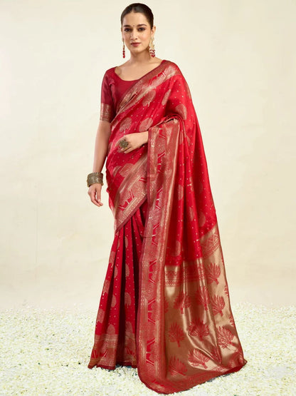 Rajwada Red Silk Blend Zari Work Saree For Women