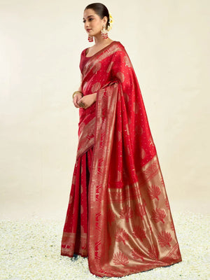 Rajwada Red Silk Blend Zari Work Saree For Women