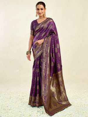 Rajwada Dark Purple Silk Blend Zari Work Saree For Women