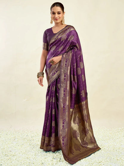 Rajwada Dark Purple Silk Blend Zari Work Saree For Women