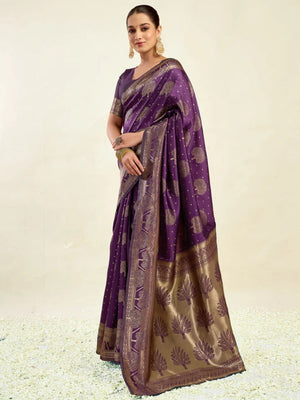 Rajwada Dark Purple Silk Blend Zari Work Saree For Women