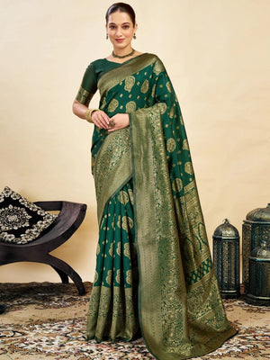Rajwada Dark Green Silk Blend Zari Work Saree For Women