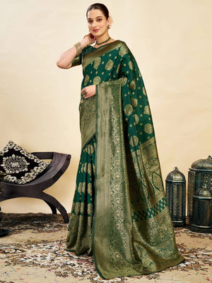 Rajwada Dark Green Silk Blend Zari Work Saree For Women