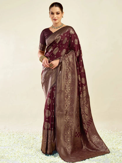 Rajwada Maroon Silk Blend Zari Work Saree For Women