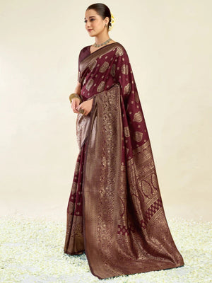 Rajwada Maroon Silk Blend Zari Work Saree For Women