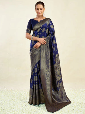 Rajwada Navy Blue Silk Blend Zari Work Saree For Women
