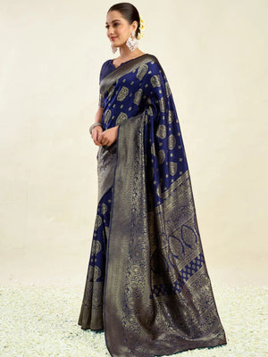 Rajwada Navy Blue Silk Blend Zari Work Saree For Women