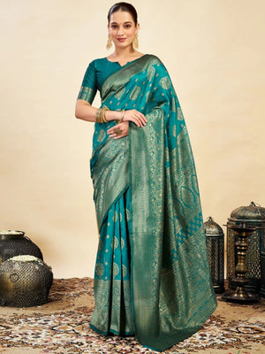 Rajwada Teal Green Silk Blend Zari Work Saree For Women