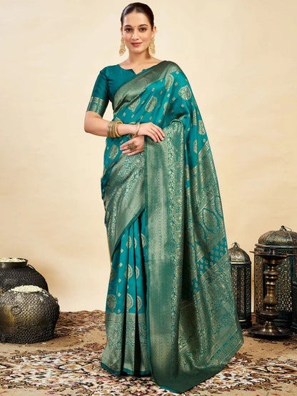 Rajwada Teal Green Silk Blend Zari Work Saree For Women