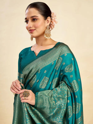 Rajwada Teal Green Silk Blend Zari Work Saree For Women