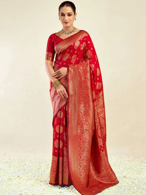 Rajwada Red Silk Blend Zari Work Saree For Women