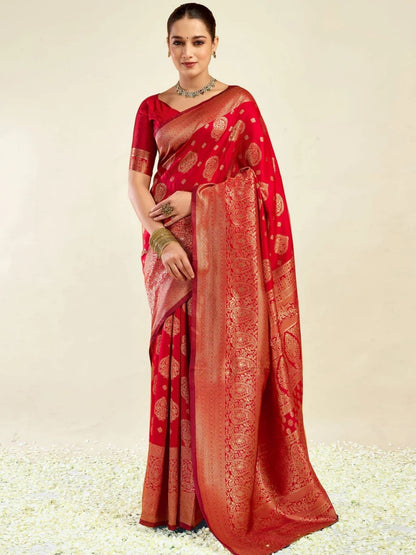 Rajwada Red Silk Blend Zari Work Saree For Women