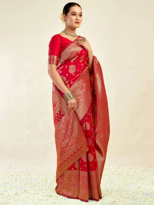Rajwada Red Silk Blend Zari Work Saree For Women