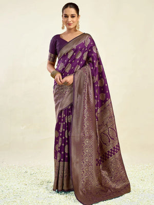 Rajwada Dark Purple Silk Blend Zari Work Saree For Women