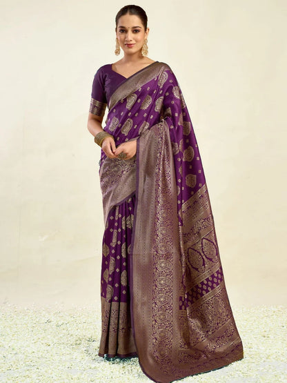 Rajwada Dark Purple Silk Blend Zari Work Saree For Women