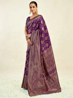 Rajwada Dark Purple Silk Blend Zari Work Saree For Women