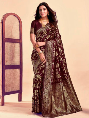 Rajwada Dark Maroon Silk Blend Zari Work Saree For Women