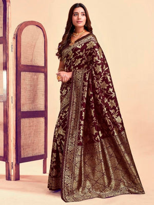 Rajwada Dark Maroon Silk Blend Zari Work Saree For Women
