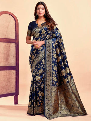 Rajwada Navy Blue Silk Blend Zari Work Saree For Women