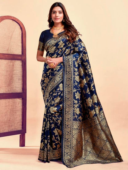 Rajwada Navy Blue Silk Blend Zari Work Saree For Women
