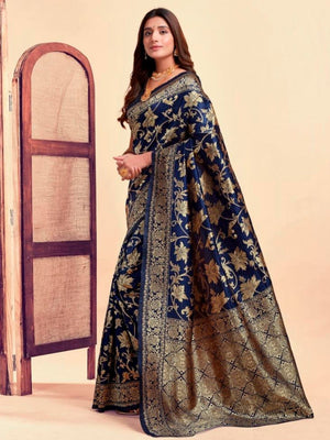 Rajwada Navy Blue Silk Blend Zari Work Saree For Women