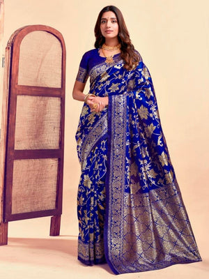 Rajwada Dark Blue Silk Blend Zari Work Saree For Women