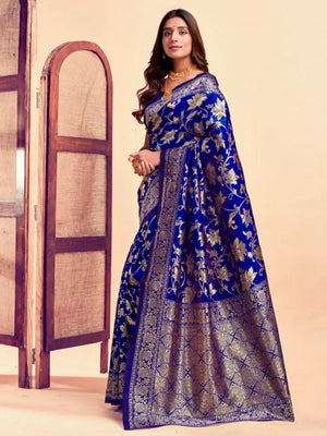 Rajwada Dark Blue Silk Blend Zari Work Saree For Women