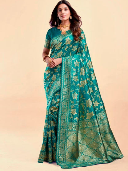 Rajwada Teal Green Silk Blend Zari Work Saree For Women