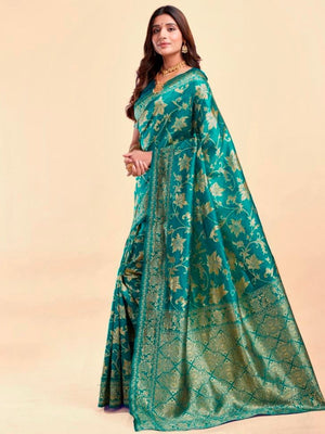 Rajwada Teal Green Silk Blend Zari Work Saree For Women