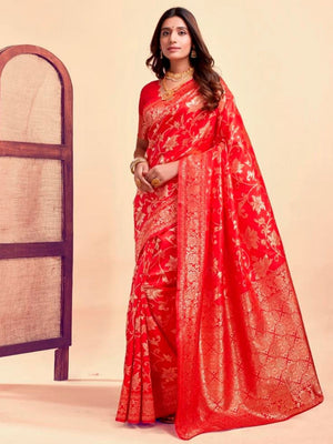 Rajwada Red Silk Blend Zari Work Saree For Women