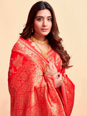 Rajwada Red Silk Blend Zari Work Saree For Women