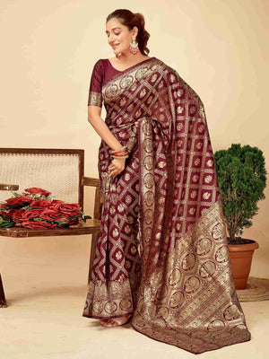 Rajwada Dark Maroon Silk Blend Zari Work Saree For Women