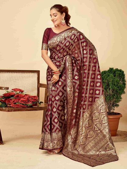 Rajwada Dark Maroon Silk Blend Zari Work Saree For Women